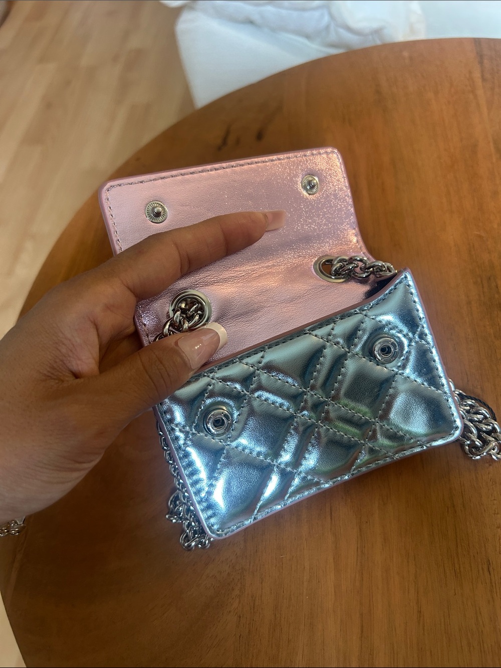 Kurt Geiger Pink and Blue Metalic Quilted Mini Crossbody with Chain - Picture 4 of 6